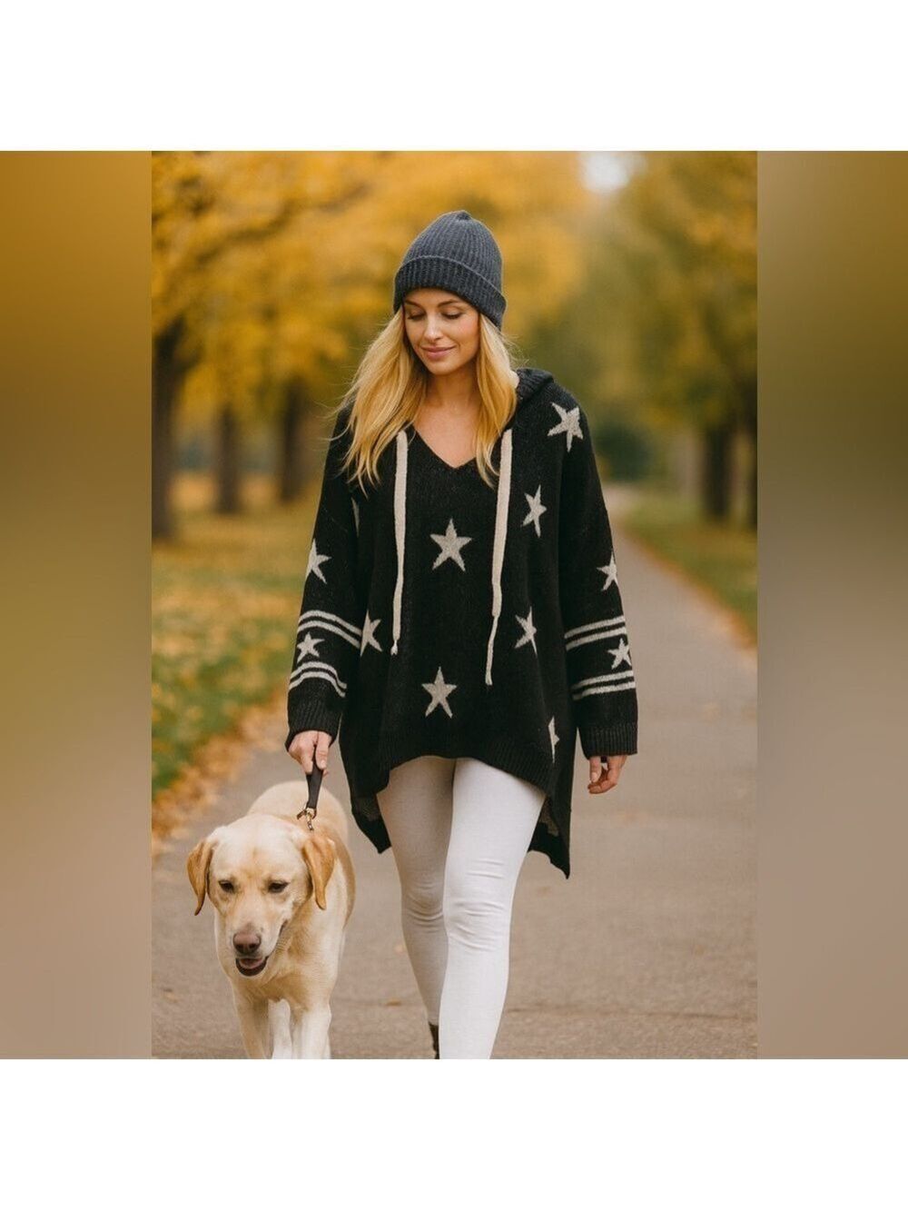 POL Women's Black and White Star Oversized Hooded Sweater